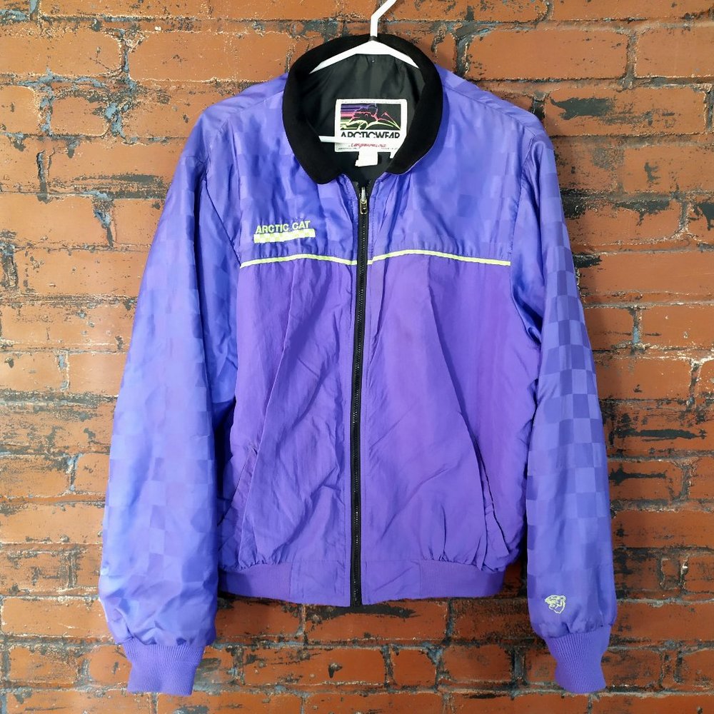 vintage Arctic Cat neon purple checker zip-up winter jacket